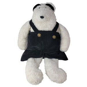Woof & Poof Polar Bear Plush White 19" Black Velvet Overalls Gold Button Vintage